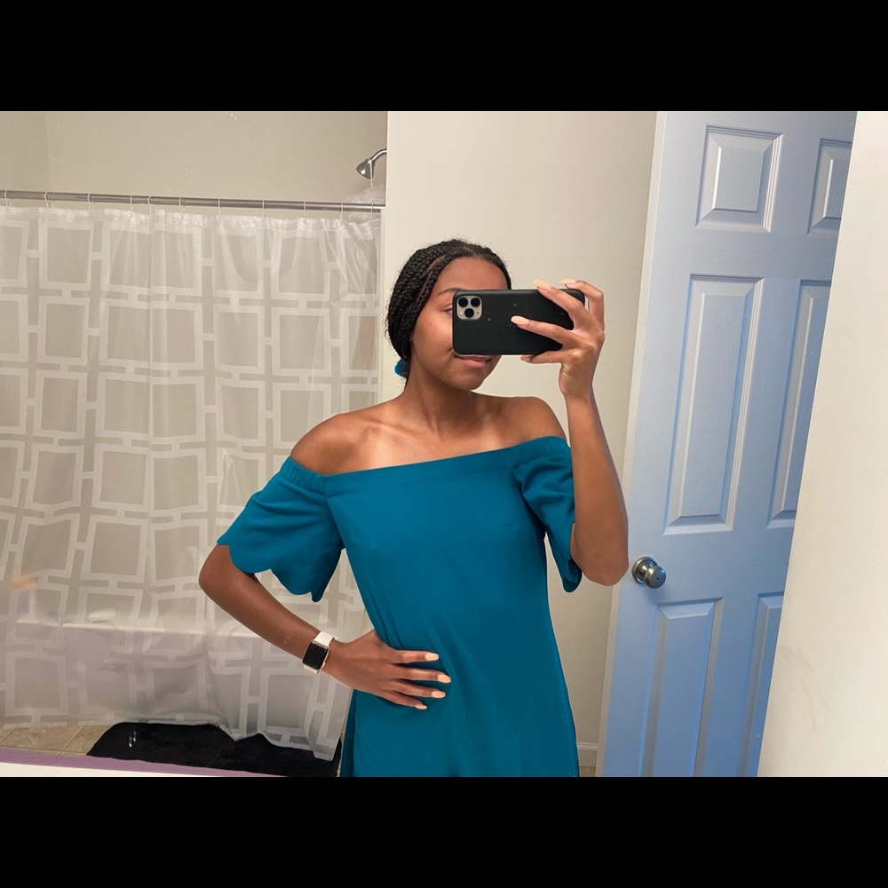 off the shoulder teal scallop dress